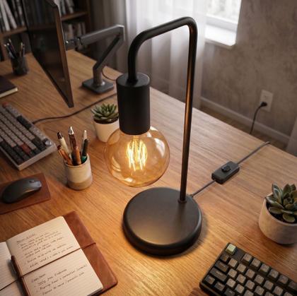 Imagem de Abajur Luminaria De Mesa estilo retrô Preto com 01 haste curva Ideal para lâmpadas filamento LED