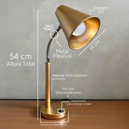 Imagem de Abajur Luminária De Mesa Flexível Interruptor Dourado Para Sala de estar, Quarto e cabeceira cama, Escritório leitura.