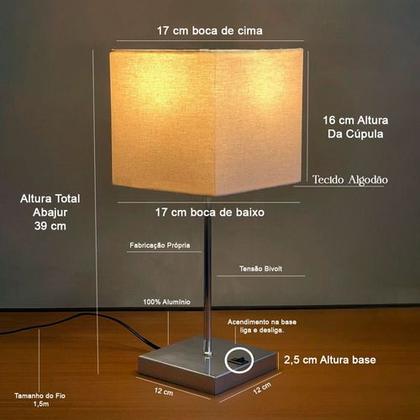 Imagem de Abajur luminária de Mesa Quadrado Escovado Com Interruptor Com Cúpula Para Decoração Casa e Sala, Quarto Cabeceira de Cama, Escritório estudar