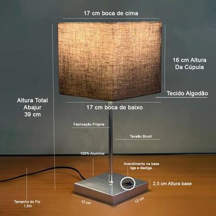 Imagem de Abajur luminária de Mesa Quadrado Escovado Com Interruptor Com Cúpula Para Decoração Casa e Sala, Quarto Cabeceira de Cama, Escritório estudar