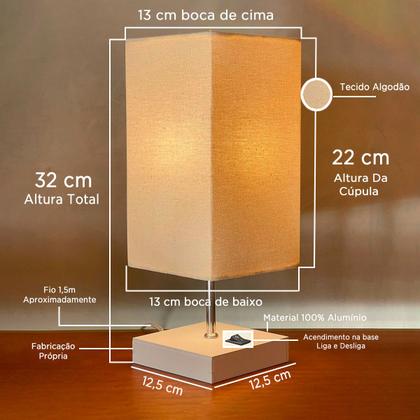 Imagem de Abajur Luminária de Mesa Quadrado Madeira MDF Com Interruptor e Cúpula Decoração Casa e Sala, Escritório e Quarto e cabeceira Cama.