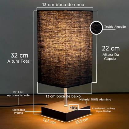 Imagem de Abajur luminária de Mesa Quadrado MDF Com Interruptor Com Cúpula Para Decoração Casa e Sala, Quarto Cama e Cabeceira, Escritório estudar