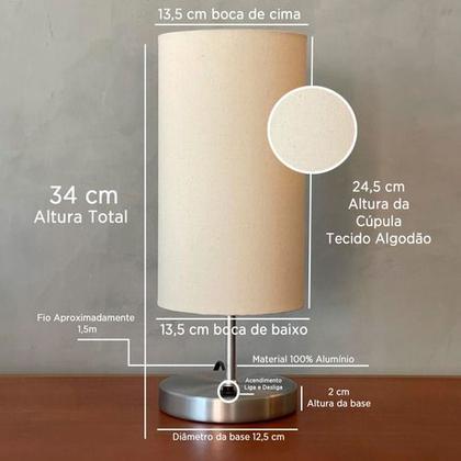 Imagem de Abajur Luminária De Mesa Redondo Com Interruptor Com Cúpula Algodão Ref 84 Para Sala, Quarto, Cabeceira, Escritório