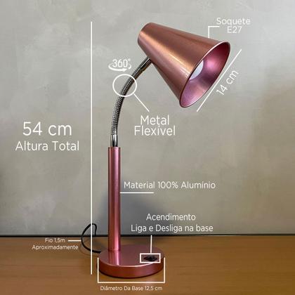 Imagem de Abajur Luminária De Mesa Rose gold de Metal Flexível com Interruptor Para Sala, Quarto, Cama, Cabeceira ou Escritório