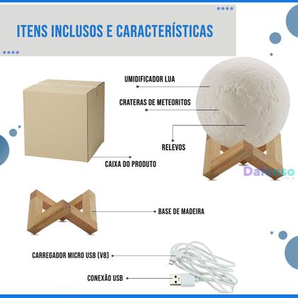 Imagem de Abajur Luminária Led Lua Cheia 3D Touch Com Umidificador De Ar 800ml Decoração Do Quarto