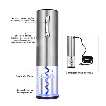 Imagem de Abridor De Garrafa Elétrico Inox USB Saca Rolha Para Vinho Com Cortador De Lacre e Kit Acessórios