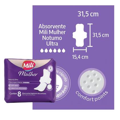 Imagem de Absorvente Mili Mulher Noturno Ultra c/ Abas - 8 Un Fluxo super Intenso