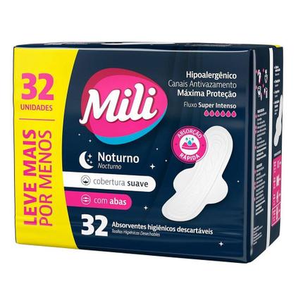 Imagem de Absorvente Noturno Mili Cobertura Suave Com Abas Pacote com 32 Unidades / Extrato Aloe Vera / Hipoalérgico