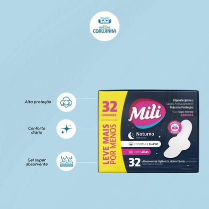 Imagem de Absorvente Noturno Mili Suave com Abas 32 Unidades Máxima Proteção e Conforto