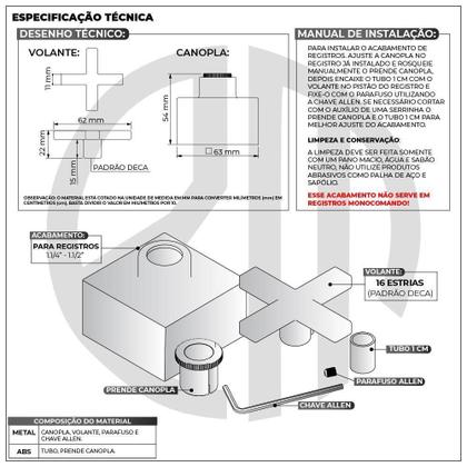 Imagem de Acabamento Registro Geral Chuveiro 50mm 1.1/2 1.1/4 Quadrado Cruzeta Dourado Brilhante Banheiro Padrão Deca