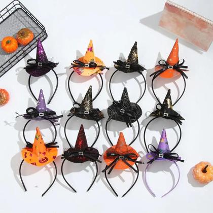 Imagem de Acessórios de Halloween: Tiara de Aranha, Chapéu de Bruxa, Bandana de Fantasma e Crânio