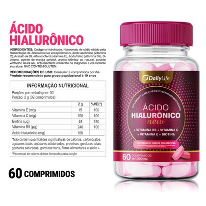 Imagem de Ácido Hialurônico com Colágeno e Vitaminas C E B9 e Biotina 60 Comprimidos Zero Açúcar Sem Glúten