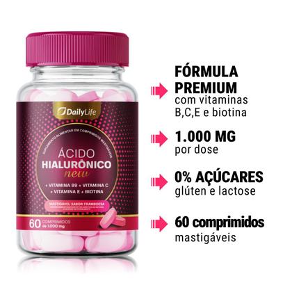 Imagem de Ácido Hialurônico com Colágeno e Vitaminas C E B9 e Biotina 60 Comprimidos Zero Açúcar Sem Glúten