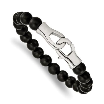 Imagem de Aço Inoxidável Polido Ágata Negra Beads 9in Pulseira