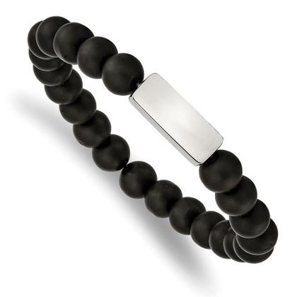 Imagem de Aço inoxidável polido ID Plate Black Agate Bead Stretch B