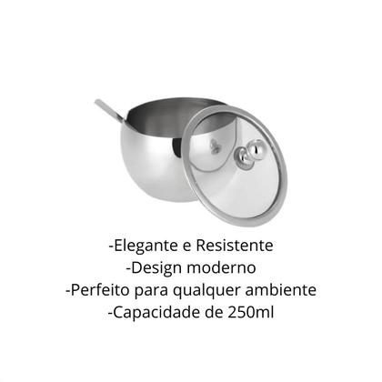 Imagem de Acucareiro Inox C/ Colher e Tampa de Vidro 250ml