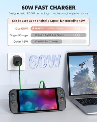 Imagem de Adaptador AC de carregador KOVA 60W para Nintendo Switch 2 com cabo de 3 m