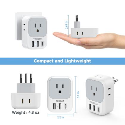 Imagem de Adaptador de Alimentação TESSAN - 4 Tomadas + 3 USB Tipo N para Brasil