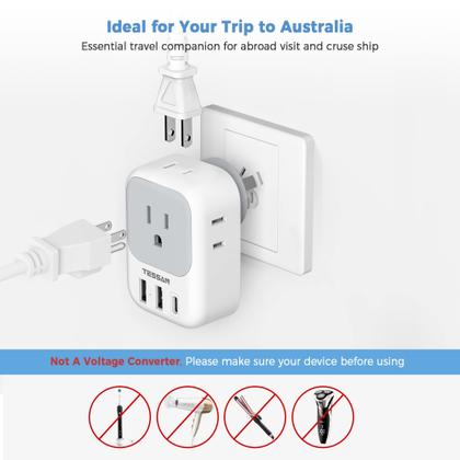 Imagem de Adaptador de alimentação TESSAN Australia Nova Zelândia com 4 tomadas 3 USB