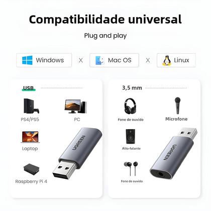 Imagem de Adaptador de Áudio USB para 3,5mm Ugreen - Placa de Som para PC, Laptop, PS5 e PS4