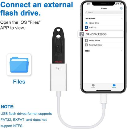 Imagem de Adaptador de câmera Lightning para USB, adaptador de cabo Lightning fêmea USB OTG para iPhone selecionado, modelos iPad, câmera de conexão, leitor de 