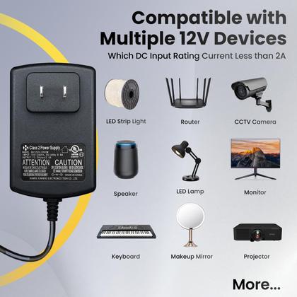 Imagem de Adaptador de fonte de alimentação OXZEEWEE listado pela UL 12V 2A 24W com cabo de 3 m