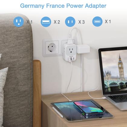 Imagem de Adaptador de plugue TESSAN tipo E/F com 3 portas USB dos EUA para a Europa