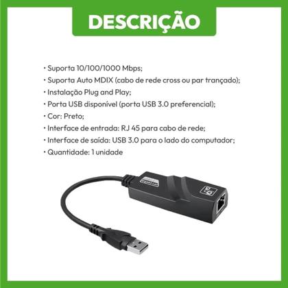 Imagem de Adaptador De Rede Ethernet Usb 3.0 Rj45 Gigabit 1000mbps.