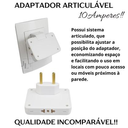 Imagem de Adaptador de Tomada Benjamin T Articulado Pino Plug 3 Entradas para Lugares Pequenos Bivolt 10A