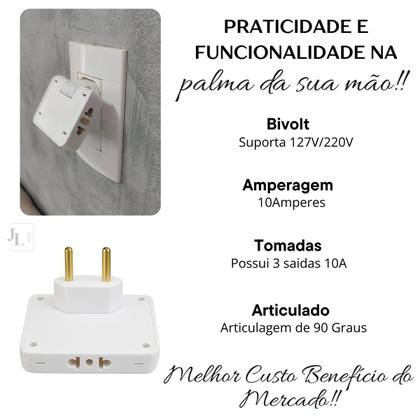 Imagem de Adaptador de Tomada Benjamin T Articulado Pino Plug 3 Entradas para Lugares Pequenos Bivolt 10A