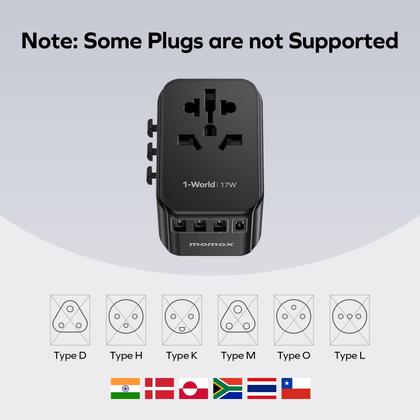 Imagem de Adaptador de tomada de viagem MOMAX Universal Tipo C/G/A/I com USB