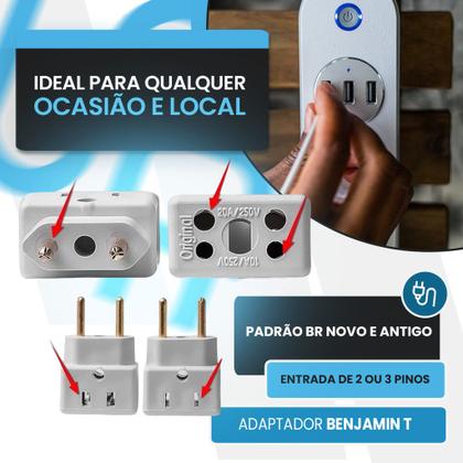 Imagem de Adaptador de Tomada Kit C/5 Benjamin 10A/20A Pino Maciço Bob Resistente SECADOR Ferro e Air Fryer