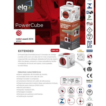 Imagem de Adaptador de Tomada Múltiplo Power Cube PWC-X5 Branco e Vermelho ELG