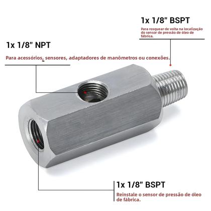 Imagem de Adaptador Em T De Aço Inoxidável Para Sensor De Pressão De Óleo 1/8'' BSPT Para 1/8 NPT, Medidor