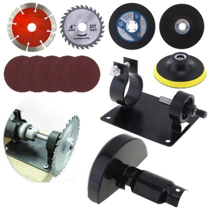 Imagem de Adaptador Furadeira Transforma Tico Tico + Suporte Bancada C/ Discos De Corte e Lixas