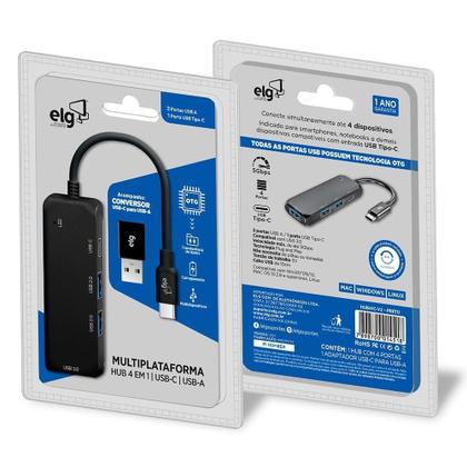 Imagem de Adaptador HUB ELG USB 4 Em 1, Entrada Tipo-C para 3 Portas USB-A + 1 Porta Tipo-C, Preto - HUB41C-v2