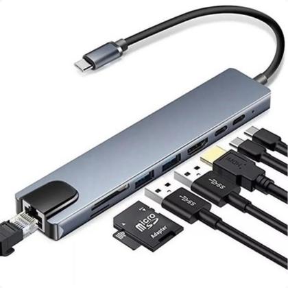Imagem de Adaptador Hub Tipo-c 8 Em 1 Hdmi 4k Lan Usb 3.0 Sd/tf