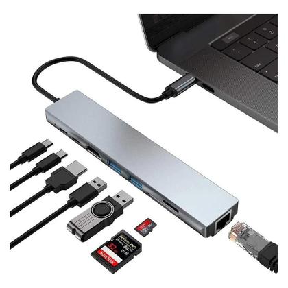 Imagem de Adaptador Hub Tipo-c 8 Em 1 Hdmi 4k Lan Usb 3.0 Sd/tf
