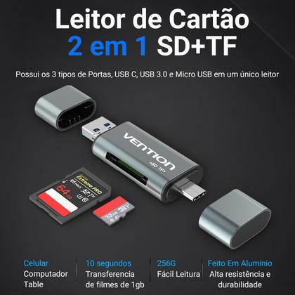 Imagem de Adaptador Leitor Cartão 3x1 P/ Celular Câmera SD TF Vention