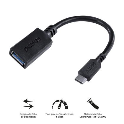 Imagem de Adaptador OTG Tipo C para USB a 3.0 para Celular Smartphone 15 CM Preto - P3AMUP-15