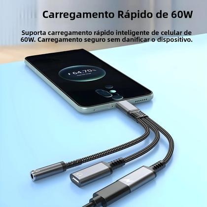 Imagem de Adaptador PD 3 Em 1 De Carregamento Rápido 60W Para iPhone 16 15 Samsung Tipo C Cabo De Áudio Dual