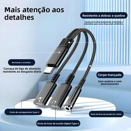 Imagem de Adaptador PD 3 Em 1 De Carregamento Rápido 60W Para iPhone 16 15 Samsung Tipo C Cabo De Áudio Dual
