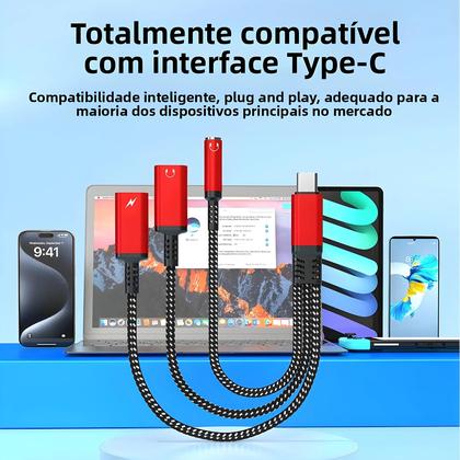 Imagem de Adaptador PD 3 Em 1 De Carregamento Rápido 60W Para iPhone 16 15 Samsung Tipo C Cabo De Áudio Dual