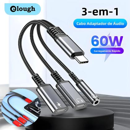 Imagem de Adaptador PD 3 Em 1 De Carregamento Rápido 60W Para iPhone 16 15 Samsung Tipo C Cabo De Áudio Dual