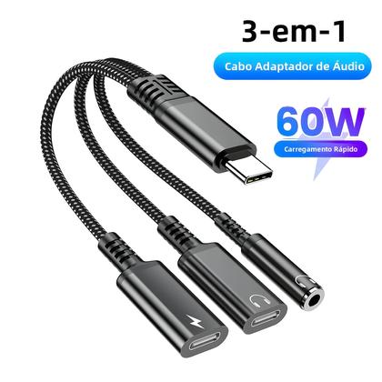 Imagem de Adaptador PD 3 Em 1 De Carregamento Rápido 60W Para iPhone 16 15 Samsung Tipo C Cabo De Áudio Dual