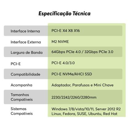 Imagem de Adaptador Placa Conector Conversor P/ Ssd M2 Nvme Pci-e Pci Express 4.0 + Dissipador em Alumínio