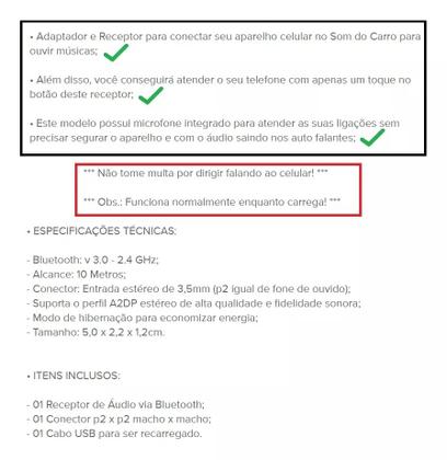 Imagem de Adaptador Receptor Áudio Bluetooth P2 Som Carro C/ Microfone