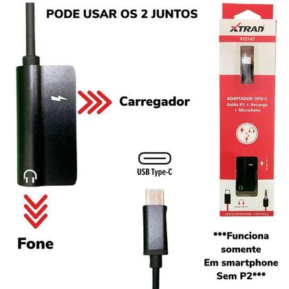 Imagem de Adaptador Tipo C para P2 + Carregamento (Smartphone sem P2) XT-2147 Xtrad Preto