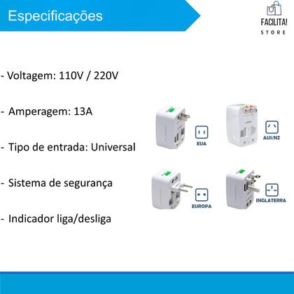 Imagem de Adaptador Tomada Universal Internacional Eua Europa Asia e America 110v/220v