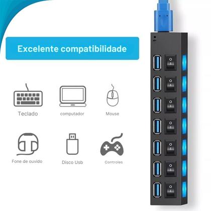 Imagem de Adaptador USB 7 Portas com Cabo Tipo C e LED Original